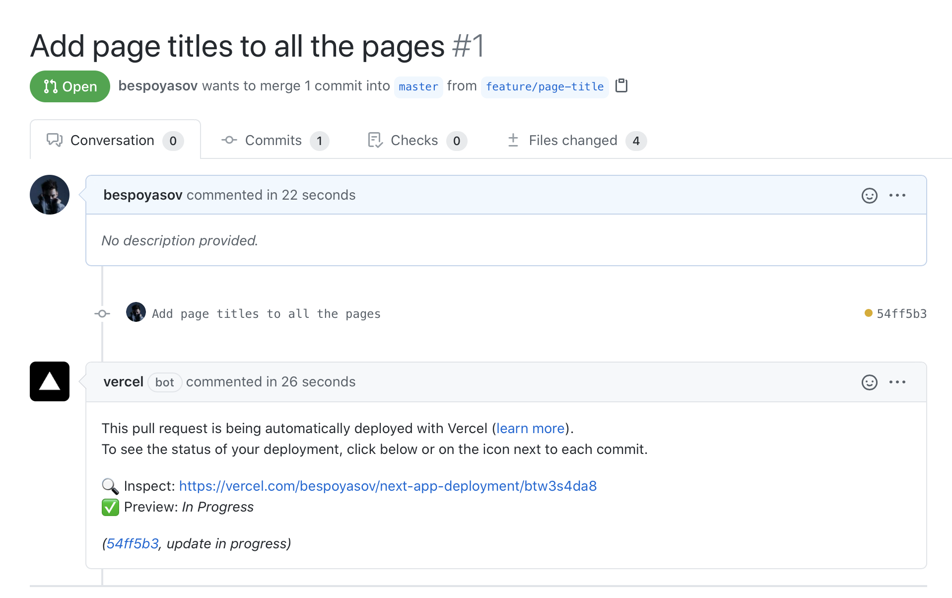 Vercel-bot's comment on pull-request with info about stage deployment