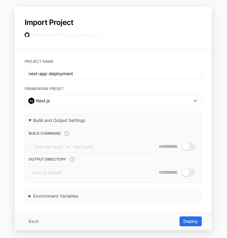 Deployment settings such as build options and environment variables